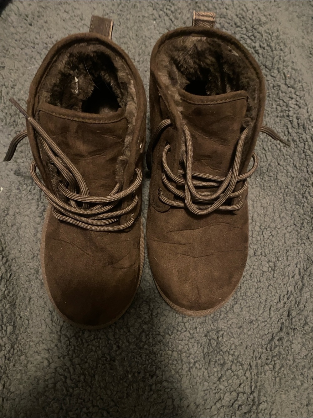 Women’s Brown Faux-Suede Lace-Up Ankle Booties with Faux-Fur Lining